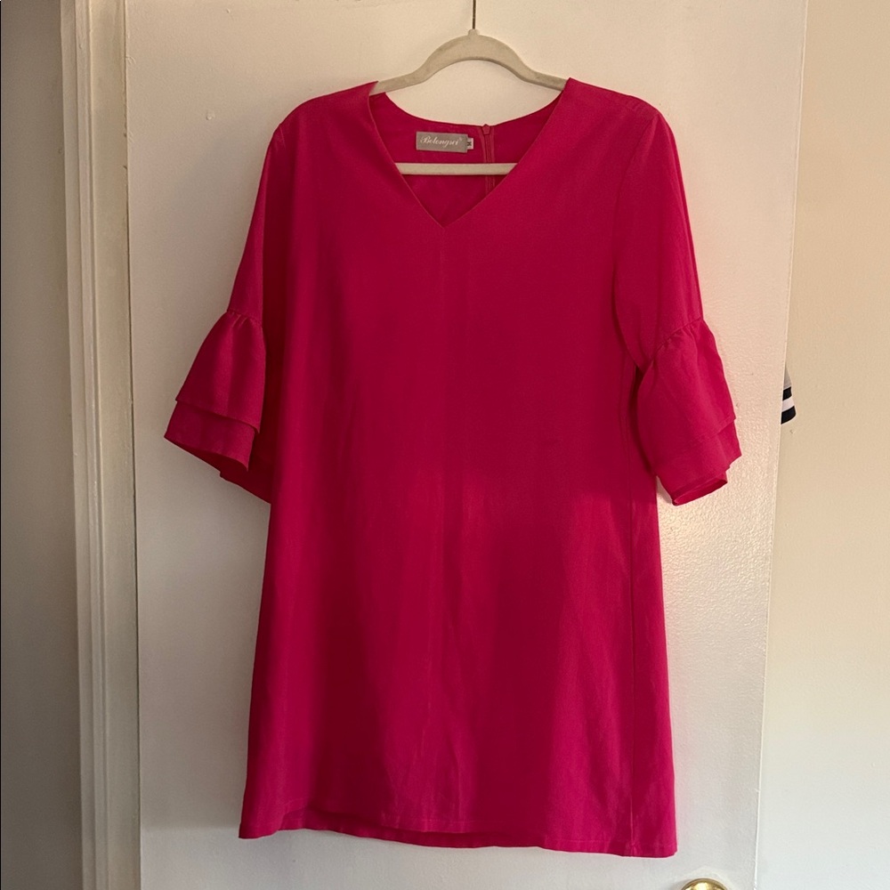 Bright Pink V-Neck Ruffle Sleeve Dress